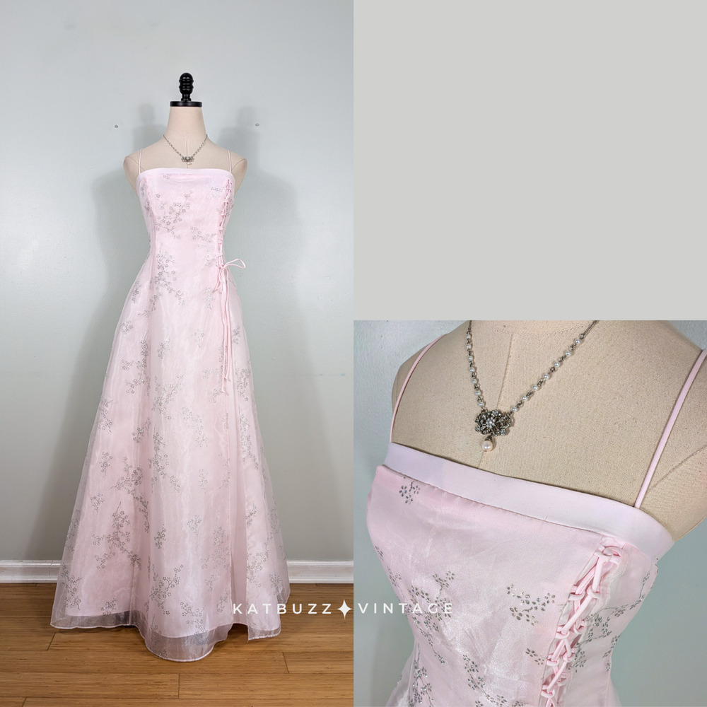 Vintage Prom Dress Maxi Gown 10 Pink Fairy Princess Corset 90s Y2K Floral Pastel